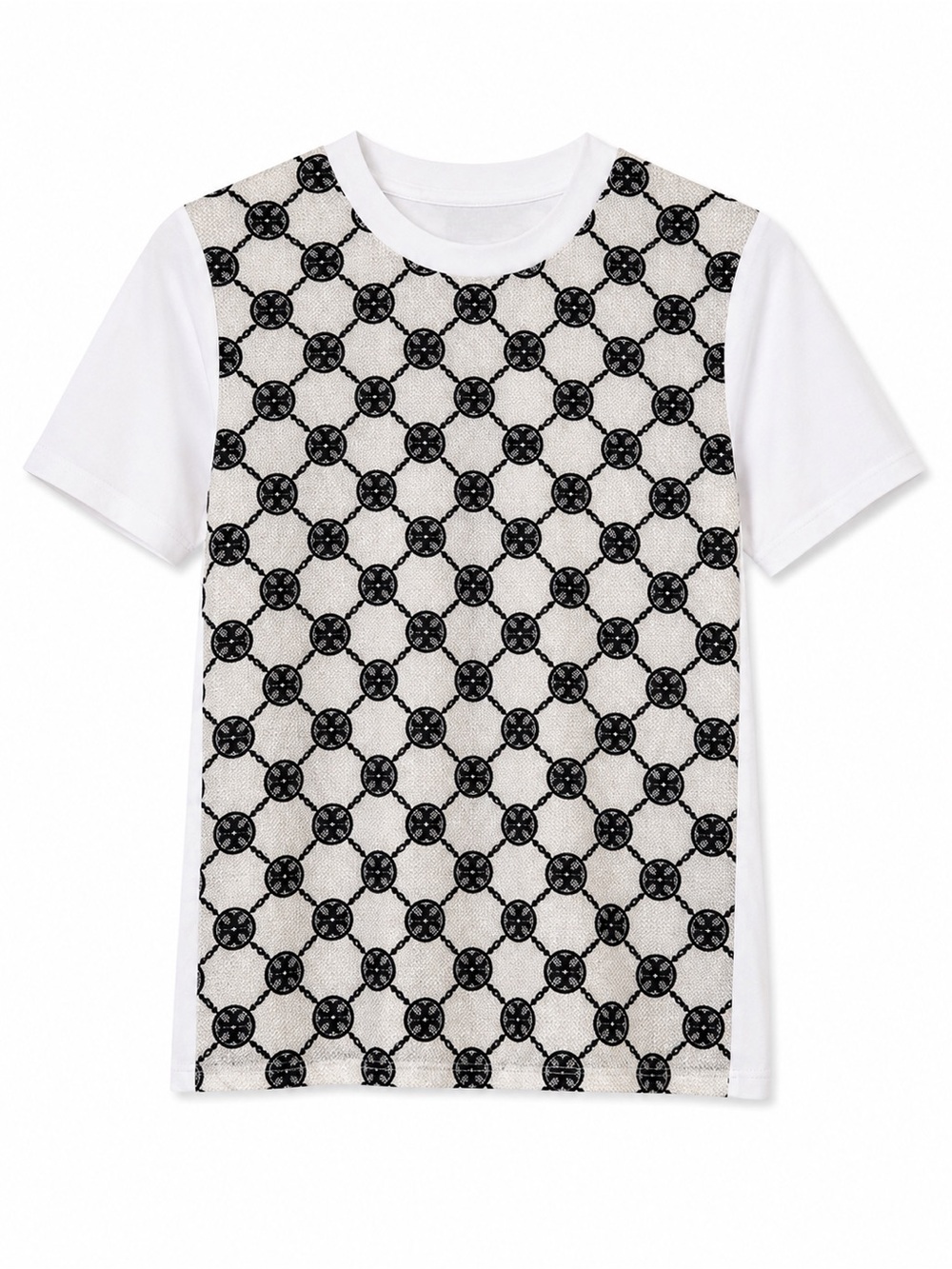 Tory Burch White Short Sleeve Tee with Black Pattern
